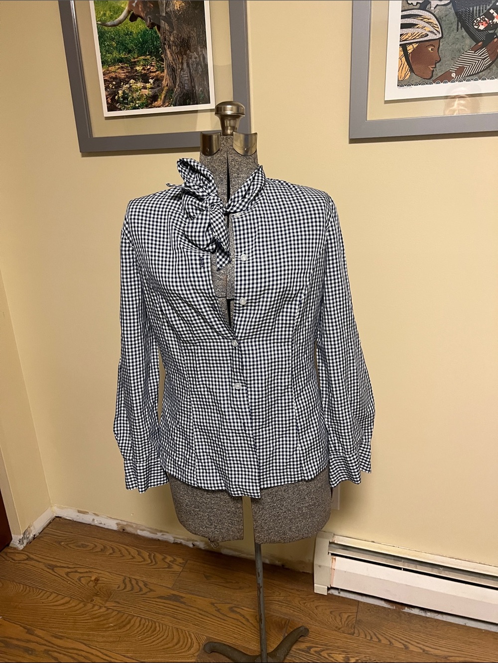 Classic Black & White Gingham Tie-Neck Button-Down Shirt - Picture 3 of 8